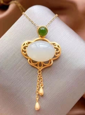 古法金吉祥如意方牌古风玉石项链