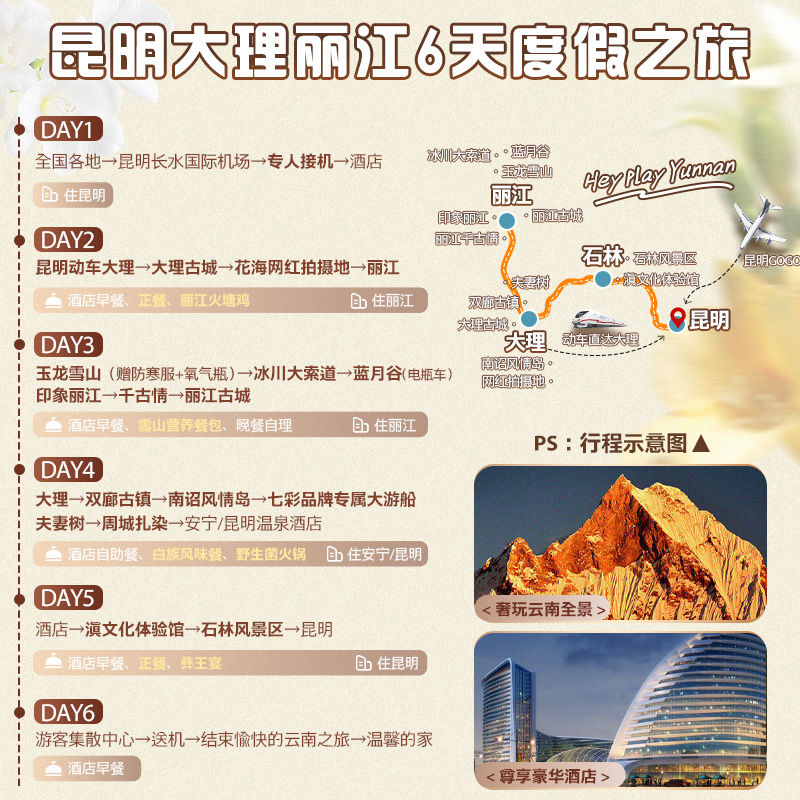 【全程五星酒店一价全含】云南旅游昆明大理丽江6天5晚跟团游飞猪