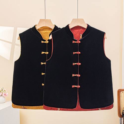 新中式国风复古立领背心马甲背心女高端两面穿金丝绒拼接提花坎肩 - 图1