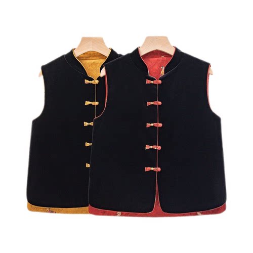 新中式国风复古立领背心马甲背心女高端两面穿金丝绒拼接提花坎肩 - 图3