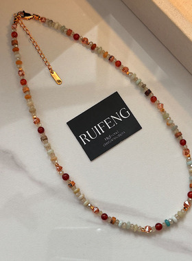 彩色多巴胺碧玺石串珍珠毛衣小项链配饰女2025新款叠戴锁骨链颈链
