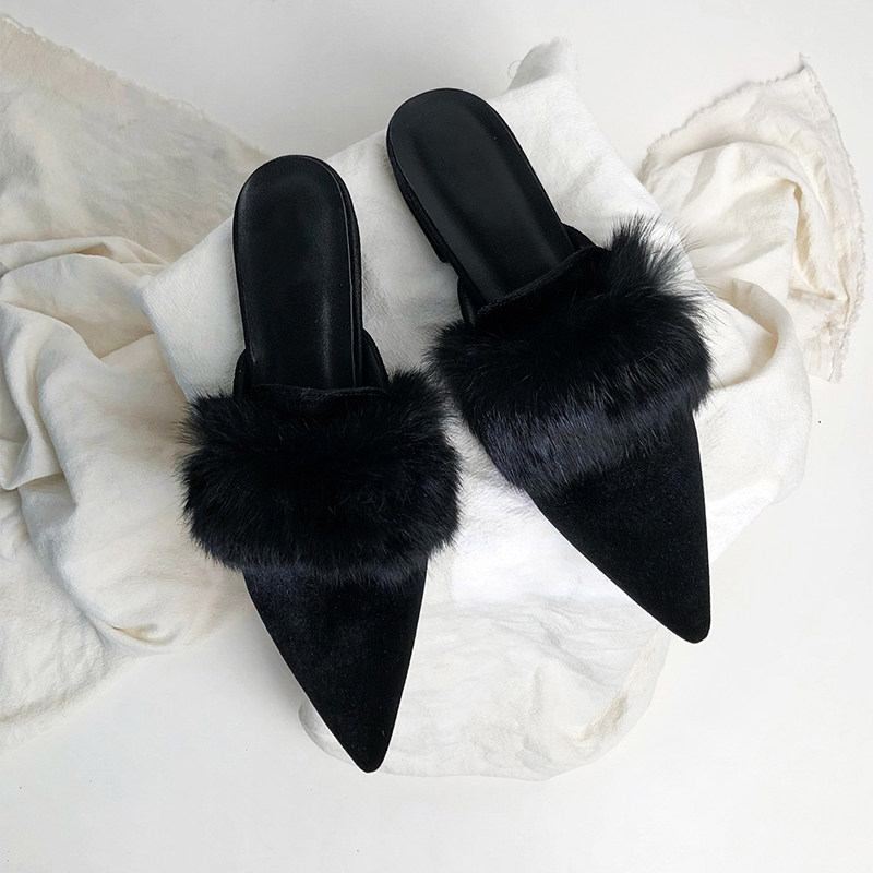 网红半拖鞋毛毛尖头貂毛女凉拖鞋丝绒平底2023年时尚外穿穆勒半拖,淘宝优惠券,粉丝福利购,淘宝优惠卷