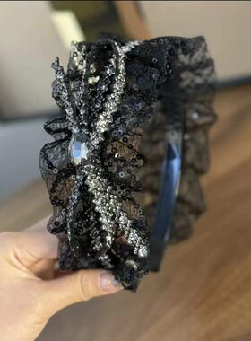 爆闪轻奢亮片网纱双蝴蝶发箍法式蕾丝宽边褶皱高颅顶显脸小头箍女