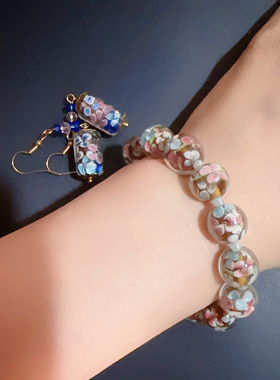 手工烧制古典琉璃花珠手串手链+耳环可拆分【满百包邮】