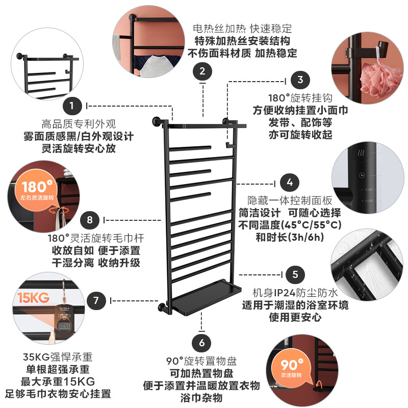 科勒安得适智能电热毛巾架加热烘干架黑色白色智控款（大号） - 图0