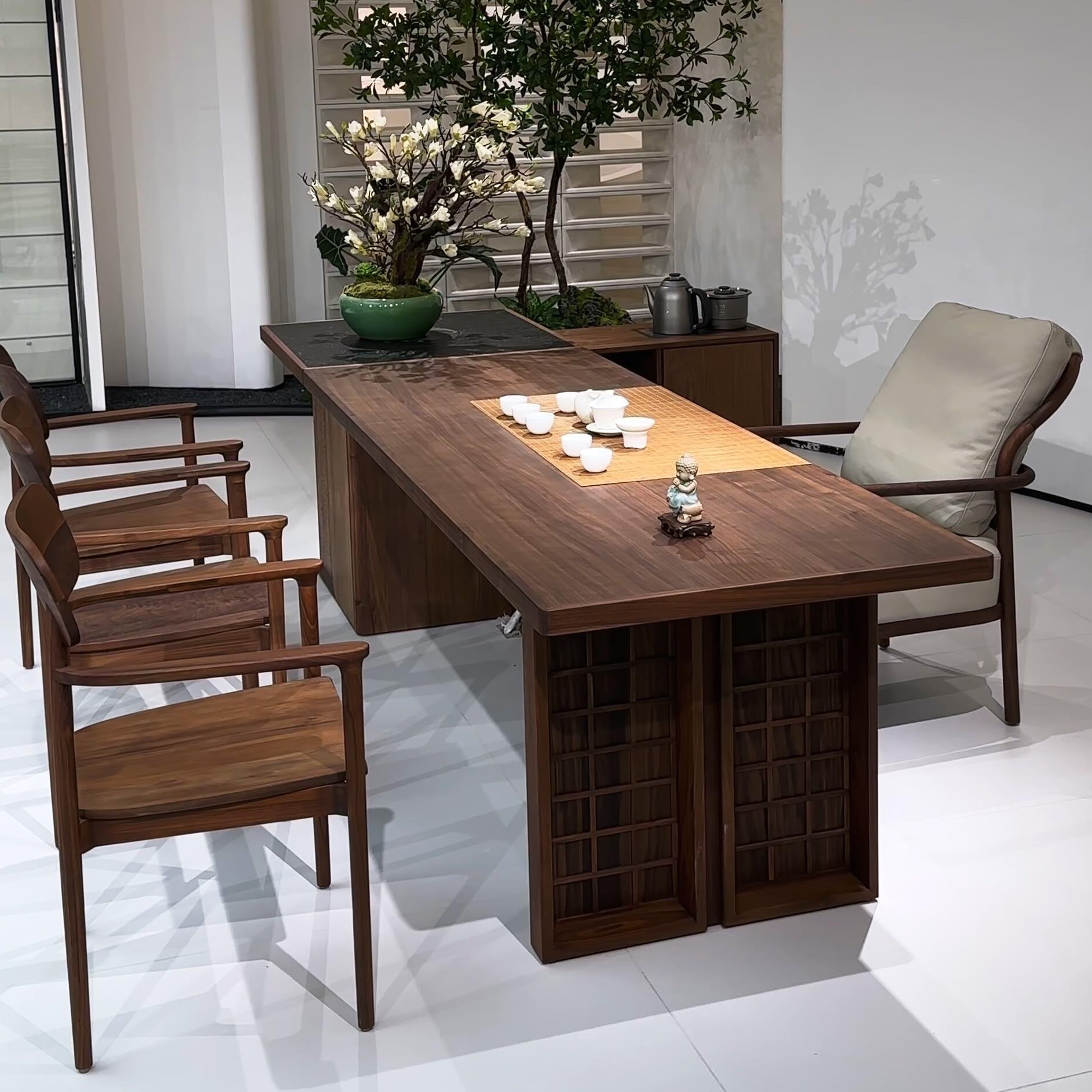 新中式北美黑胡桃木实木茶桌椅组合高端老板会客办公一体茶台定制,淘宝优惠券,粉丝福利购,淘宝优惠卷