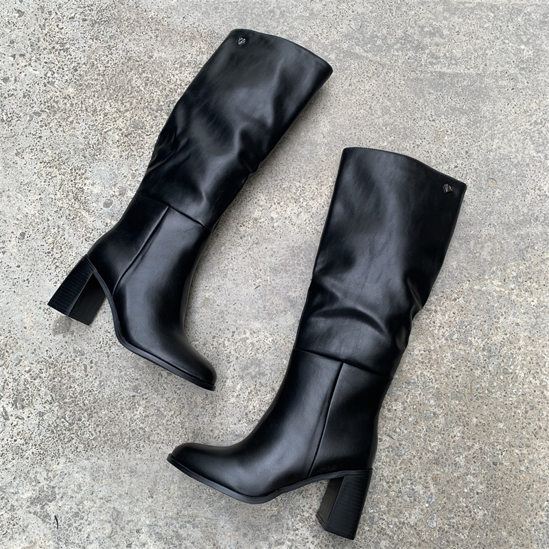 外贸四季爆款时尚百搭外穿粗跟高跟鞋气质金属扣复古侧拉链骑士靴 - 图2