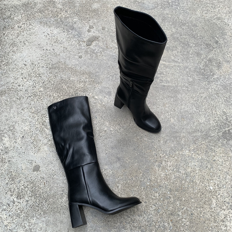 外贸四季爆款时尚百搭外穿粗跟高跟鞋气质金属扣复古侧拉链骑士靴 - 图0