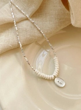 QYY实拍S925银椭圆郁金香氧化石项链手工设计感不规则碎银锁骨链