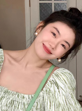 S925通体纯银mona同款珍珠耳环小众新疆棉花耳饰复古法式高级耳钉