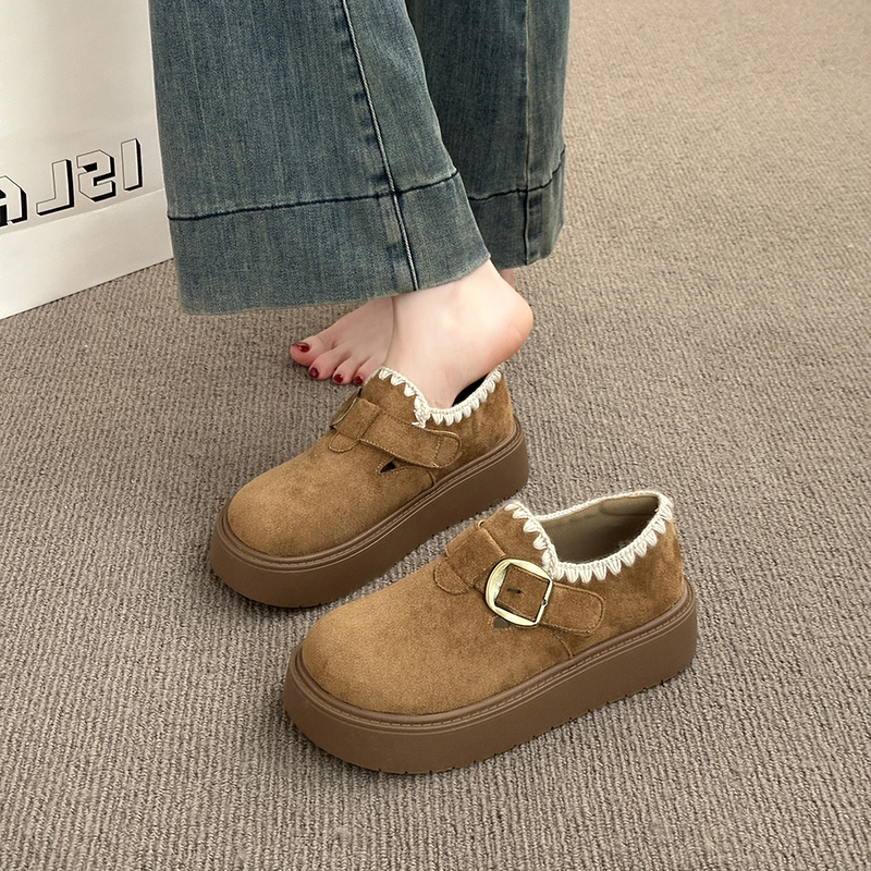 牛皮厚底加绒勃肯鞋女2025新款秋冬季豆豆乐福鞋保暖雪地靴棉鞋子 - 图3