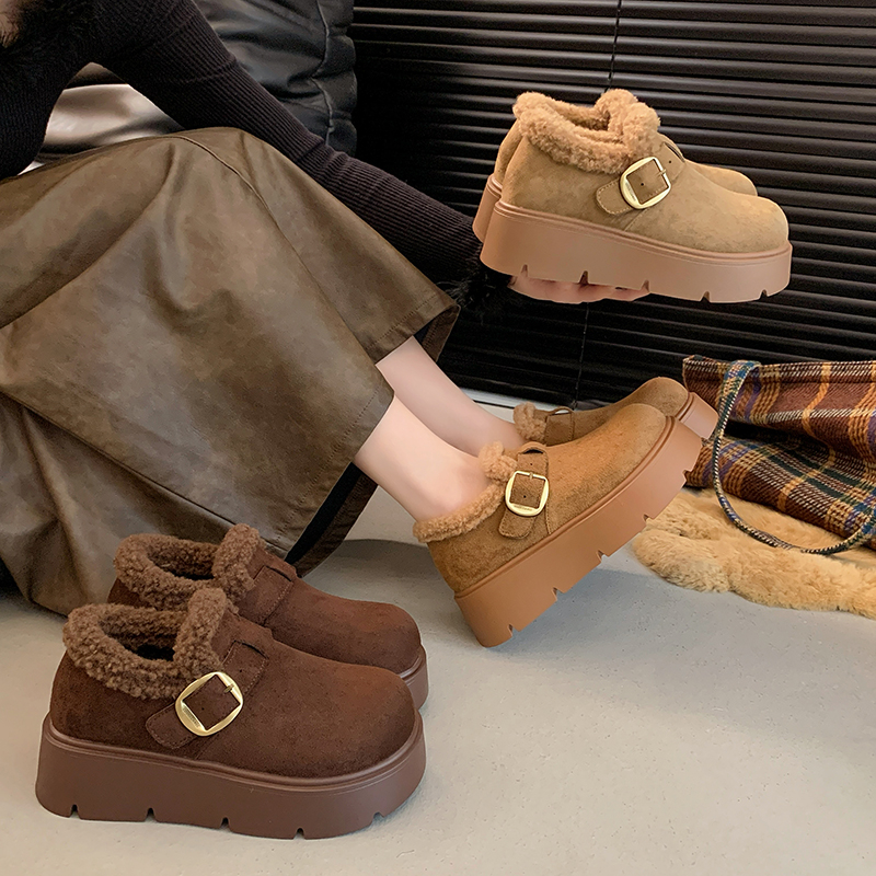 真皮厚底勃肯鞋女秋冬加绒2025年新款增高勃肯棉鞋一脚蹬乐福鞋子 - 图0