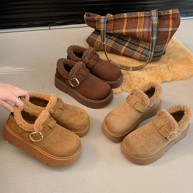 真皮厚底勃肯鞋女秋冬加绒2025年新款增高勃肯棉鞋一脚蹬乐福鞋子 - 图3