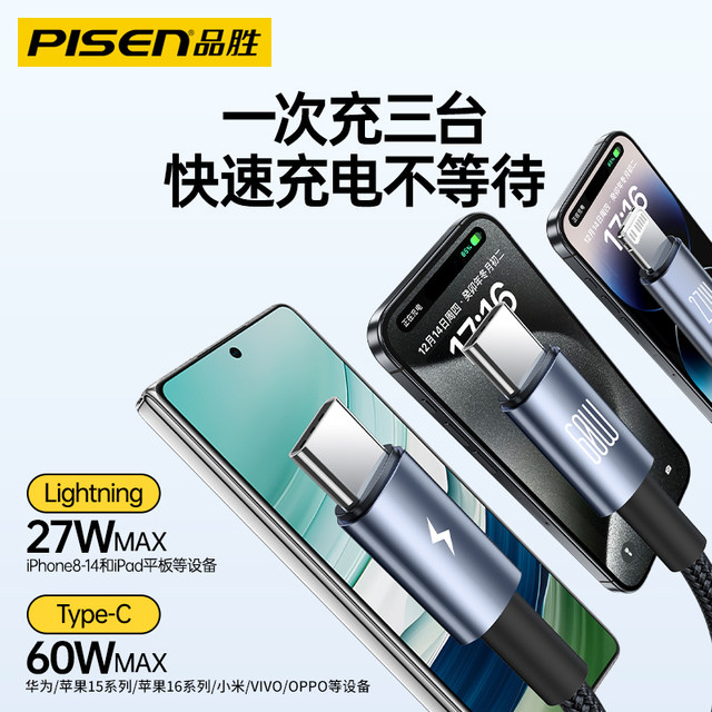 Pinsheng 65W charger set one-to-three fast charging typec charging cable suitable for Huawei Apple 16 fast charging 15 mobile phone data cable multi-head tpc double-head typc port three-in-one tpyec charging head