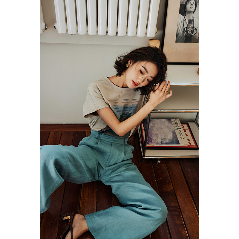 ROSEBANKS Lake Blue Linen Pants 湖蓝亚麻休闲长裤 - 图0