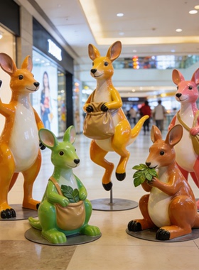 玻璃钢彩绘卡通袋鼠雕塑步行街商业街创意装饰景区摆件商超萌宠