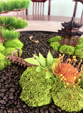 中式禅意餐桌花艺永生苔藓圆桌盆景高档酒店会所装饰绿植景观摆件