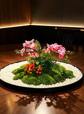 手工餐桌花艺蝴蝶兰永生苔藓装饰摆件酒店餐厅包间圆桌转盘摆花
