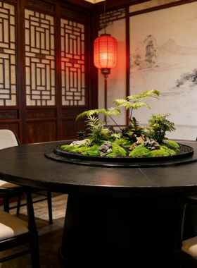 新中式餐桌花转盘摆件酒店圆桌仿真绿植微景观仿生苔藓盆景装饰品
