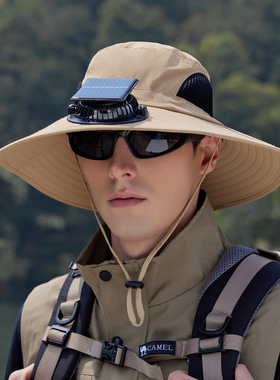 夏季户外登山钓鱼遮阳防晒帽大帽檐太阳能风扇帽子速干防水