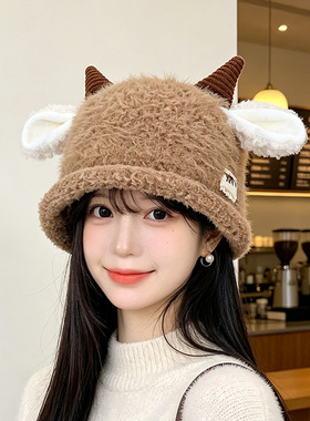 冬季毛绒小羊耳朵保暖渔夫帽女