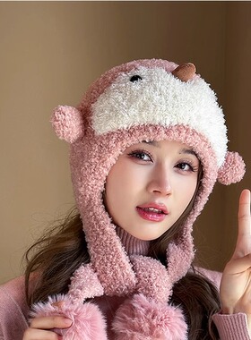 冬季卡通企鹅帽子女户外保暖护耳针织毛线帽韩版百搭显脸小套头帽
