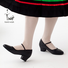 пуанты 陈婷黑色性格舞鞋 民族舞广场舞鞋 芭蕾舞蹈鞋 带跟高级全皮 户外