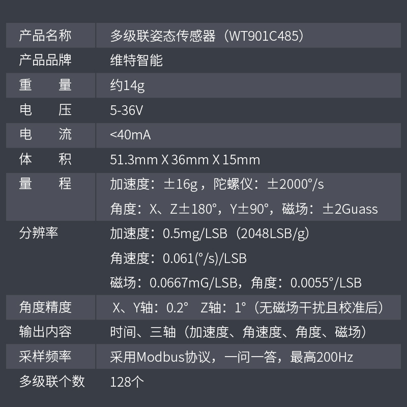 六九轴多级联加速度计电子陀螺仪姿态角度Modbus传感器WT901C485 - 图0