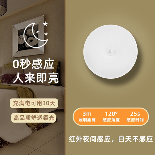人体自动感应灯小夜灯卧室床头充电人来即亮厕所楼梯夜灯睡眠夜间 - 图3
