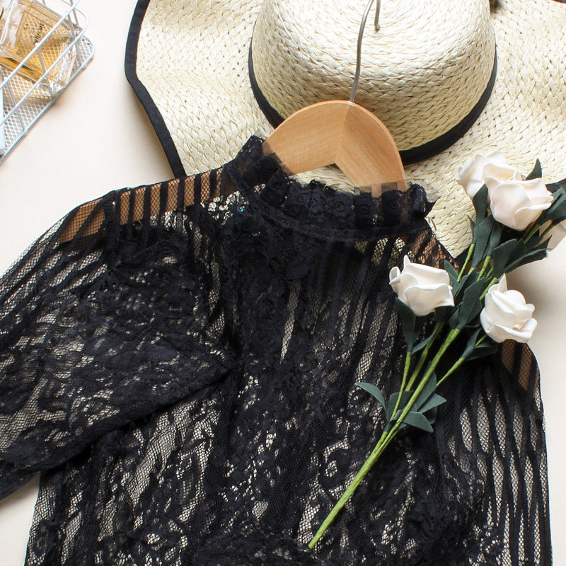 黑色蕾丝罩衫女修身网纱半高打底衫 妮玫姿蕾丝衫/雪纺衫