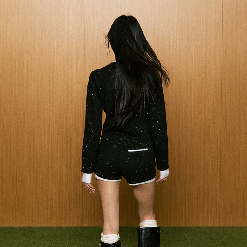 AGAM 黑色针织高级感穿搭气质名媛千金小香风亮片上衣+短裤套装女,淘宝优惠券,粉丝福利购,淘宝优惠卷