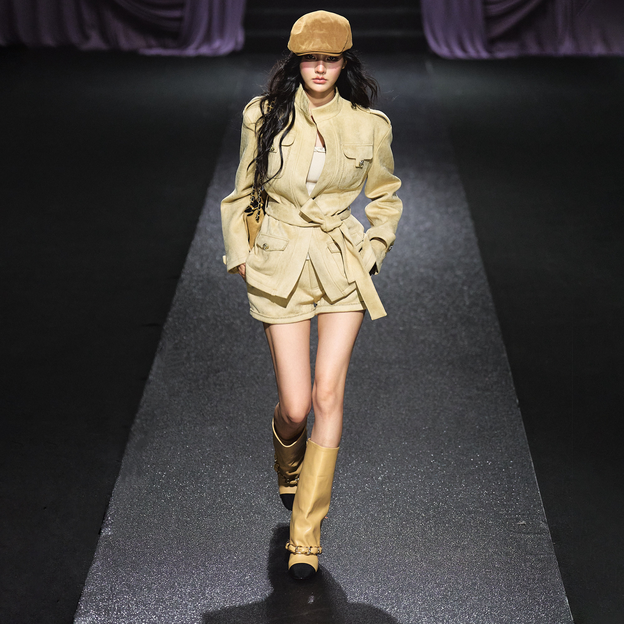 AGAM 流沙粉金立领麂皮绒夹克收腰外套/小香风短裤套装两件套女,淘宝优惠券,粉丝福利购,淘宝优惠卷