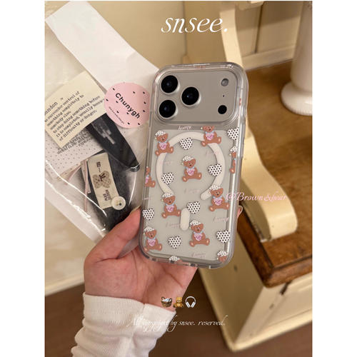 抱抱小熊！ins可爱插画亚克力透明磁吸全包大孔包按键手机壳适用于17/16promax/iphone15pro14 - 图3