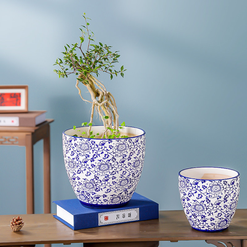 新中式家用客厅陶瓷花盆摆件中国风青花瓷发财树兰花专用三角梅盆,淘宝优惠券,粉丝福利购,淘宝优惠卷