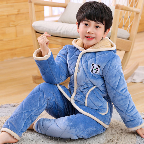 Children's flavored pajamas, autumn and winter boys, girls, coral and velvet thickened winter, boys, baby babies three -layer cotton