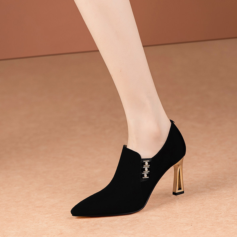 黑色真皮深口单鞋女粗跟春秋新款百搭气质踝靴尖头磨砂绒面高跟鞋,淘宝优惠券,粉丝福利购,淘宝优惠卷