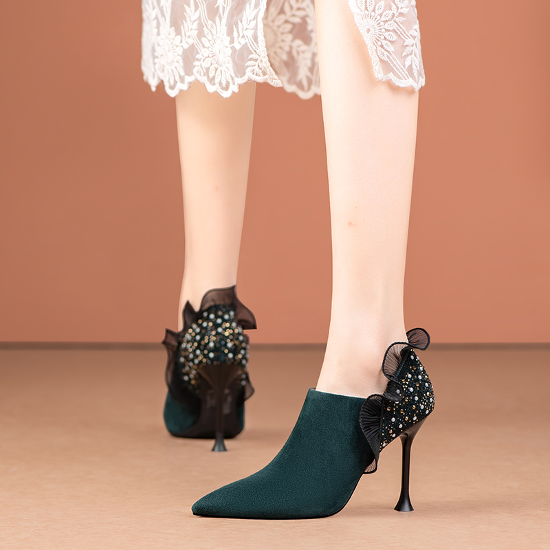 真皮磨砂性感高跟鞋尖头细跟春秋新款时尚蕾丝踝靴深口单鞋女绒面 - 图2