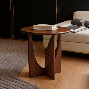 曲美家居中古诧寂风茶几实木边几设计师黑色小圆桌简约小弧影圆几