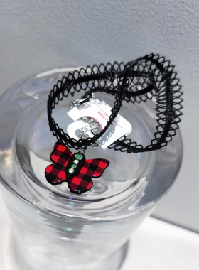 韩国进口红色绿色格子蝴蝶项链