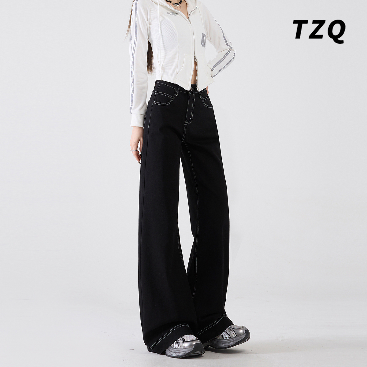 黑色阔腿牛仔裤女爆款2025秋季新款高腰宽松显瘦慵懒风垂感拖地裤 - 图1