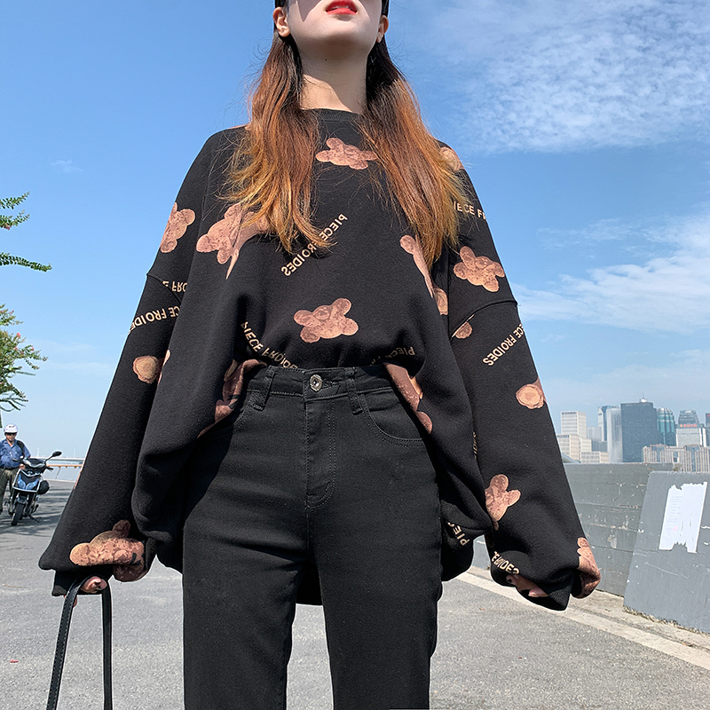 直筒加绒牛仔裤宽松高腰显瘦子烟筒 淘稚气牛仔裤