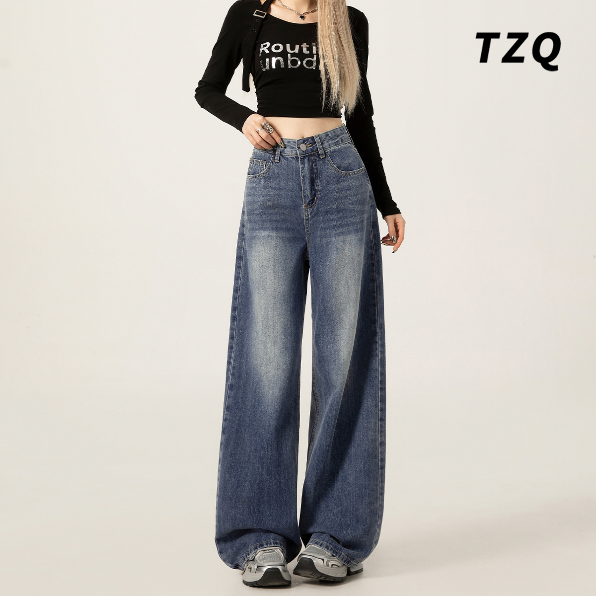 美式复古垂感阔腿牛仔裤女2025秋季新款水洗高腰宽松显瘦拖地裤子 - 图0