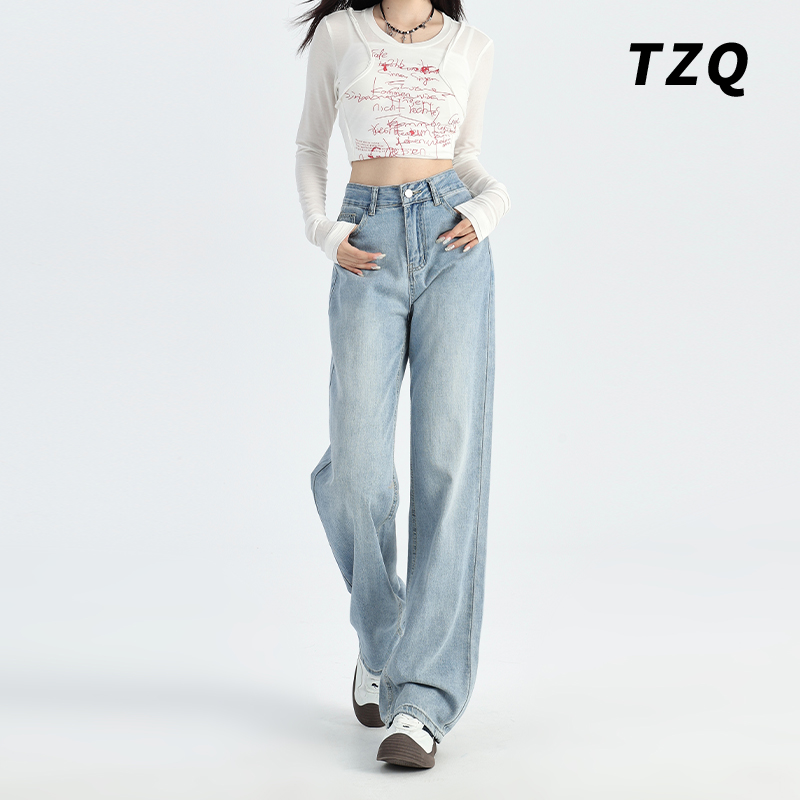 浅蓝色窄版阔腿牛仔裤女2025夏季薄款水洗百搭显瘦宽松垂感直筒裤 - 图2