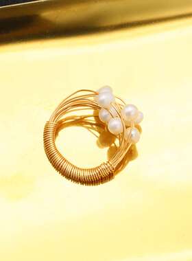 天然手工淡水珍珠戒指 小众设计感气质复古细线缠绕气质女戒
