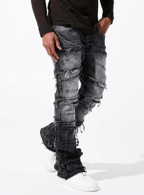 Men's street stretch denim jeans Punk ragged fringe pants 裤