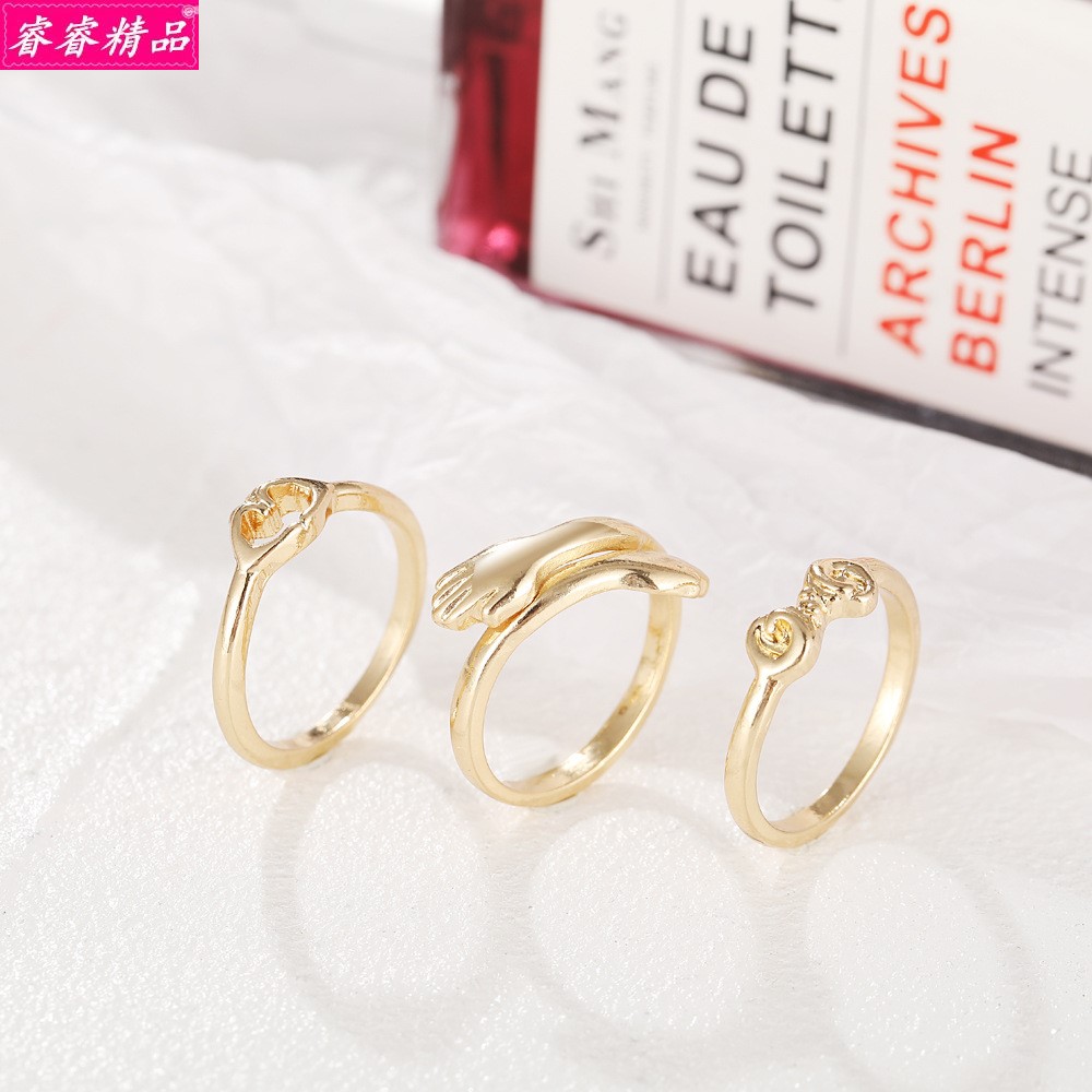 3Pcs Embrace hands Retro Joint Rings creative Alloy ring Set - 图0