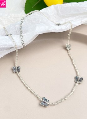 Handmade beaded Necklace simple rice bead butterfly choker饰