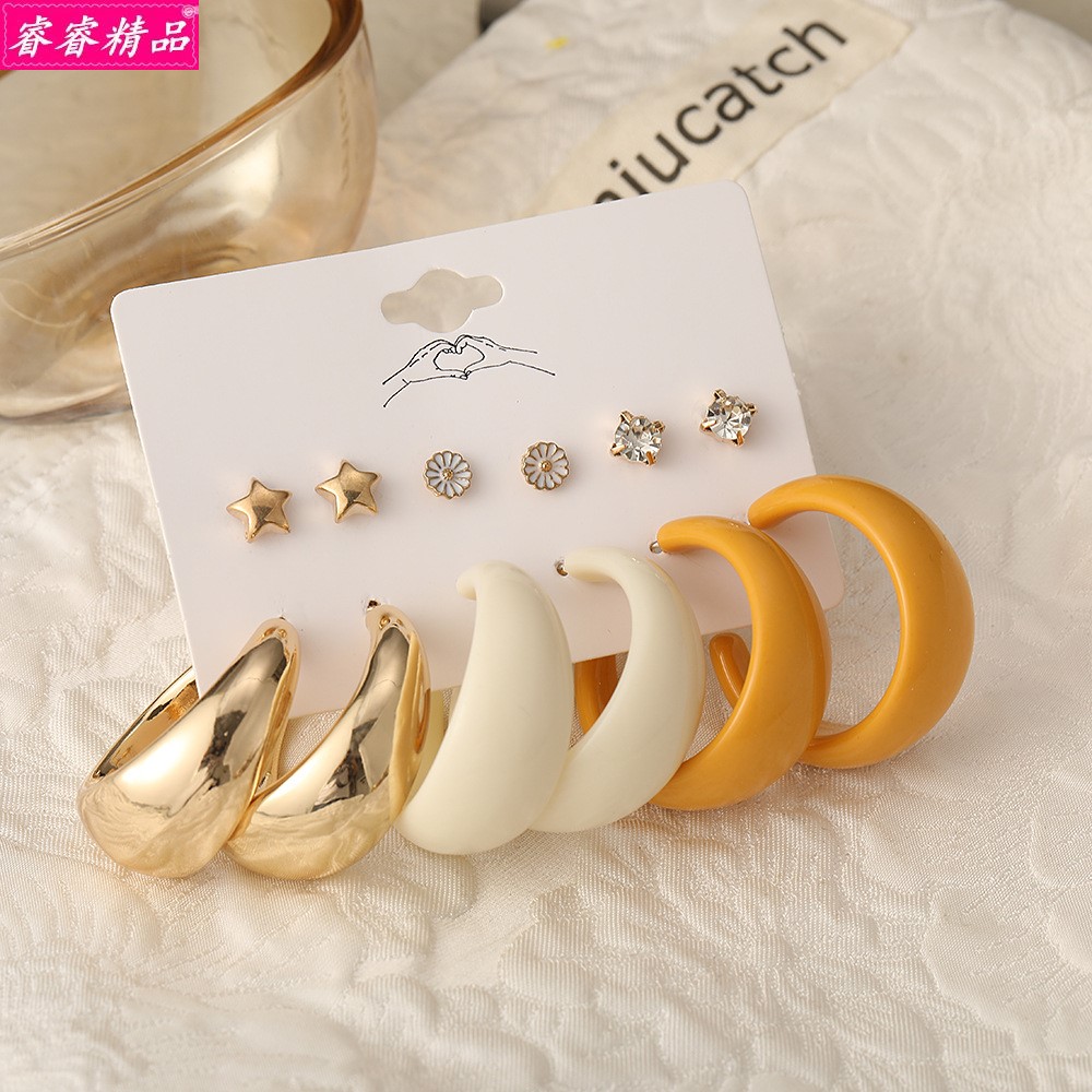 retro Acrylic exaggerated big earrings Set 6 Pairs Studs耳圈 - 图2