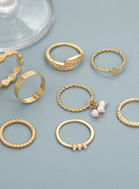 星星复古树叶女关节珍珠戒指套装