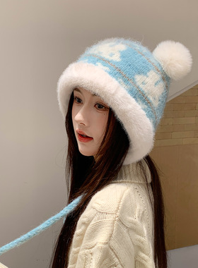 新款毛线帽子女秋冬季百搭大头围保暖针织帽显脸小护耳加绒雷锋帽